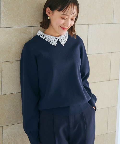 CROSS FUNCTION（クロスファンクション）の「《洗える》サマ美え レース襟ニットプルオーバー【CROSS FUNCTION/クロスファンクション】（ニット/セーター・レディース・ネイビー/ブラック・LL/L/M）」の3枚目の写真