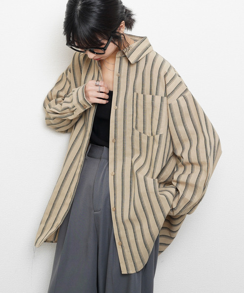 Chillfar(チルファー)の「ダブルストライプオーバーシャツ(シャツ/ブラウス・レディース・ベージュ/オフホワイト/ブラック・FREE)」の11枚目の写真