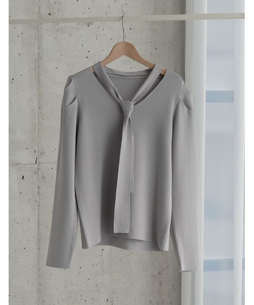 MEISM（ミズム）の「[2026S/S PRE ORDER][MEISM by Re:EDIT]スウェットライクボウタイVネックニット（ニット/セーター・レディース・ホワイト/グレー/ブラック・MEDIUM/LARGE）」の3枚目の写真