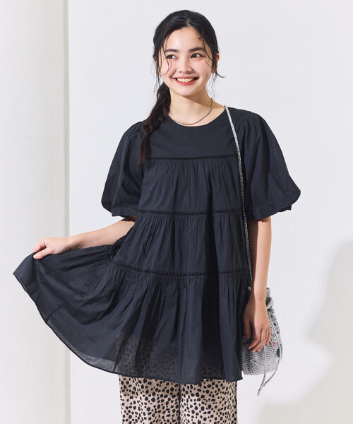FREAK'S STORE(フリークスストア)の「インドボイル バックオープン ティアードミニワンピース/パフスリーブワンピース(ワンピース・レディース・レッド/ブラウン/ブラック/オフホワイト・フリ-)」の8枚目の写真