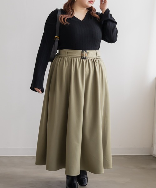 CLETTE(クレット)の「CLETTEオリジナルベルト付きギャザーロングスカート(スカート・レディース・ブラック/カーキ/ベージュ・3L/LL/4L)」の11枚目の写真