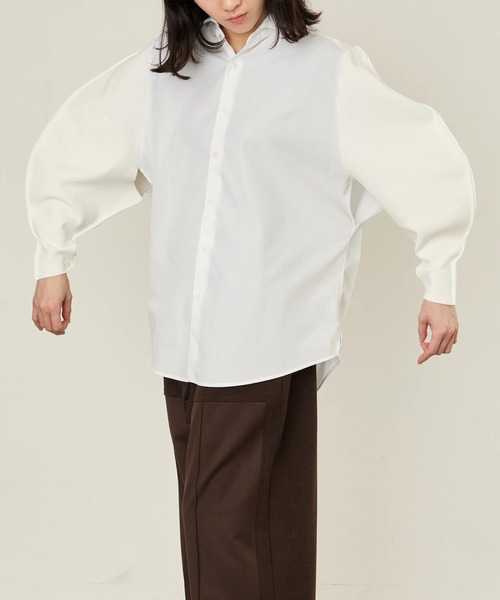 I'm here:(アイムヒアー)の「【i'm here】KNIT SLEEVE : DOCKING SHIRTS(シャツ/ブラウス・メンズ・ホワイト/ライトブルー/ブラック・L/M)」の5枚目の写真