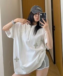 韓国ファッション RICECAKEフラワーパッチハーフジップ半袖Tシャツ