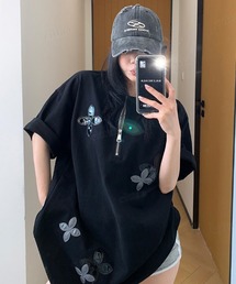 韓国ファッション RICECAKEフラワーパッチハーフジップ半袖Tシャツ