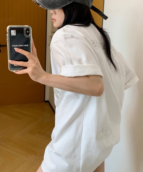 Dalfwin（ダールフィン）の「韓国ファッション RICECAKEフラワーパッチハーフジップ半袖Tシャツ（Tシャツ/カットソー・レディース・ブラック/グレー/ホワイト・FREE）」の18枚目の写真