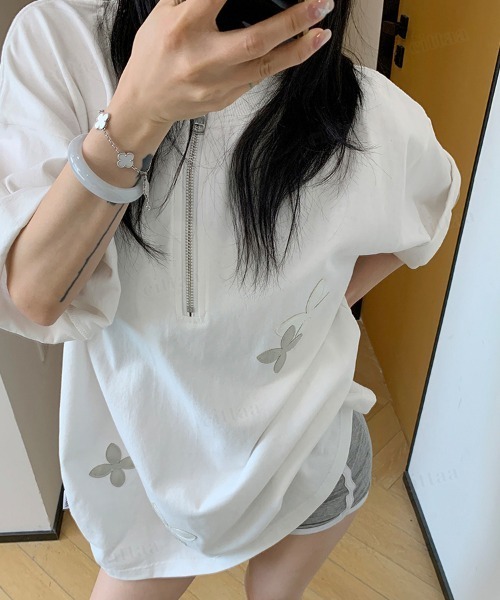 Dalfwin（ダールフィン）の「韓国ファッション RICECAKEフラワーパッチハーフジップ半袖Tシャツ（Tシャツ/カットソー・レディース・ブラック/グレー/ホワイト・FREE）」の15枚目の写真