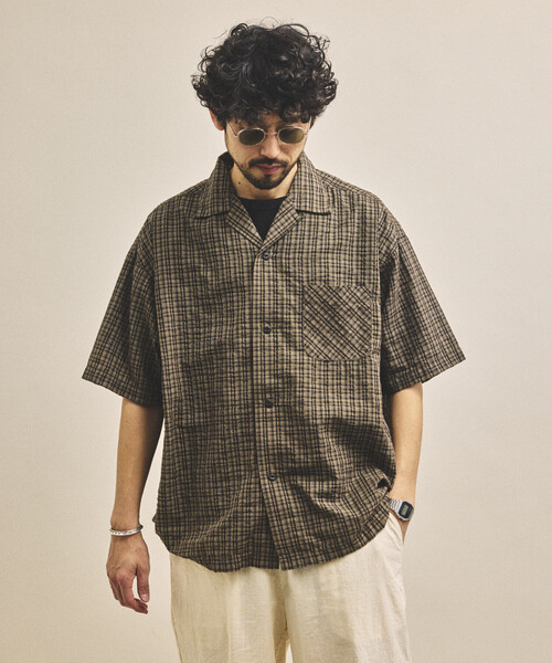 HINSON（ヒンソン）の「HINSON/ヒンソン シアサッカー オープンカラー ショートスリーブ チェックシャツ（シャツ/ブラウス・メンズ・ネイビー/ブラウン/グレー・MEDIUM/LARGE）」の3枚目の写真