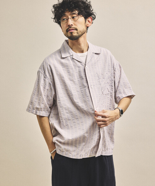 HINSON（ヒンソン）の「HINSON/ヒンソン シアサッカー オープンカラー ショートスリーブ チェックシャツ（シャツ/ブラウス・メンズ・ネイビー/ブラウン/グレー・MEDIUM/LARGE）」の2枚目の写真
