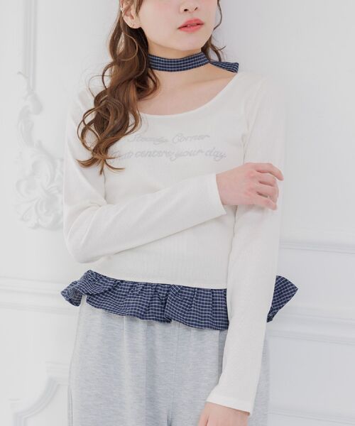 ems excite(エムズエキサイト)の「タイ付チェックフリルカットソー(Tシャツ/カットソー・レディース・チャコールグレー/ナチュラル/ダークブルー・FREE)」の2枚目の写真