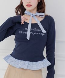 タイ付チェックフリルカットソー