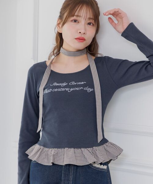ems excite(エムズエキサイト)の「タイ付チェックフリルカットソー(Tシャツ/カットソー・レディース・チャコールグレー/ナチュラル/ダークブルー・FREE)」の4枚目の写真