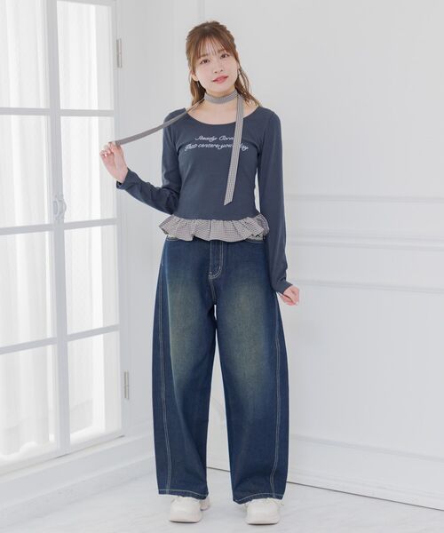ems excite(エムズエキサイト)の「タイ付チェックフリルカットソー(Tシャツ/カットソー・レディース・チャコールグレー/ナチュラル/ダークブルー・FREE)」の5枚目の写真