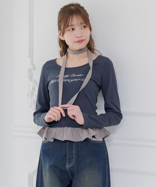 ems excite(エムズエキサイト)の「タイ付チェックフリルカットソー(Tシャツ/カットソー・レディース・チャコールグレー/ナチュラル/ダークブルー・FREE)」の9枚目の写真