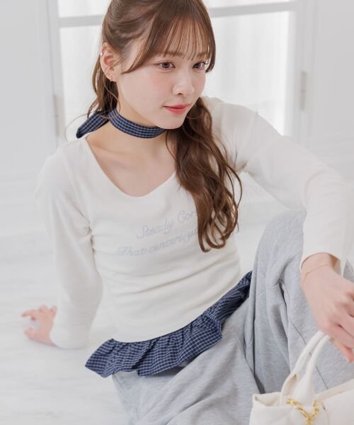 ems excite(エムズエキサイト)の「タイ付チェックフリルカットソー(Tシャツ/カットソー・レディース・チャコールグレー/ナチュラル/ダークブルー・FREE)」の14枚目の写真