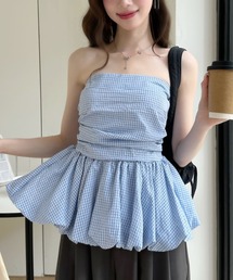 格子柄 バルーンシルエット ベアトップ レイヤード トップス