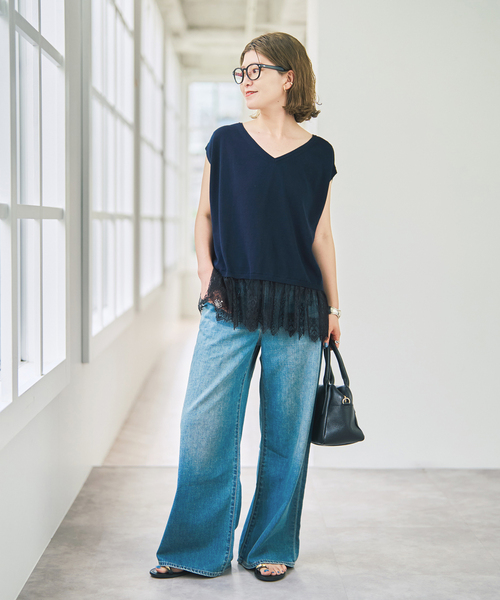 Spick & Span(スピックアンドスパン)の「《手洗い可》レースドッキング2WAYフレンチスリーブニットプルオーバー(ニット/セーター・レディース・ホワイト/ネイビー・FREE)」の5枚目の写真