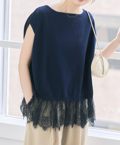 Spick & Span(スピックアンドスパン)の「《手洗い可》レースドッキング2WAYフレンチスリーブニットプルオーバー(ニット/セーター・レディース・ホワイト/ネイビー・FREE)」の13枚目の写真