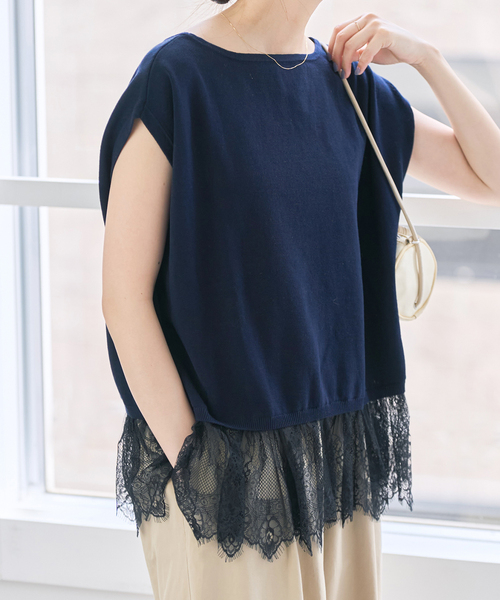 Spick & Span(スピックアンドスパン)の「《手洗い可》レースドッキング2WAYフレンチスリーブニットプルオーバー(ニット/セーター・レディース・ホワイト/ネイビー・FREE)」の14枚目の写真