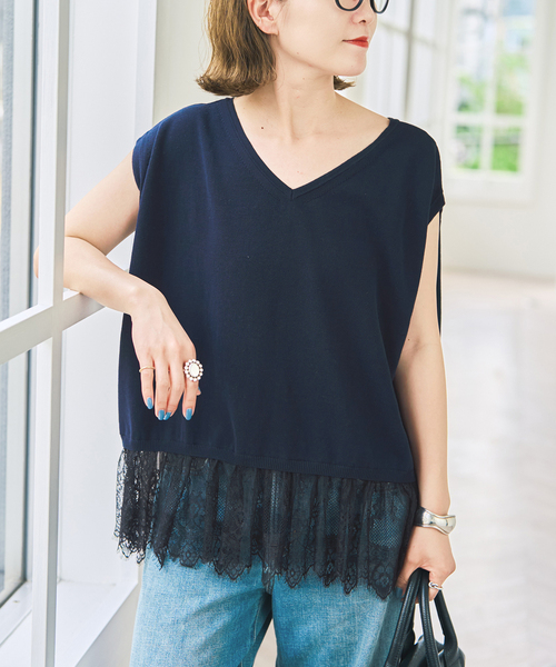 Spick & Span(スピックアンドスパン)の「《手洗い可》レースドッキング2WAYフレンチスリーブニットプルオーバー(ニット/セーター・レディース・ホワイト/ネイビー・FREE)」の21枚目の写真