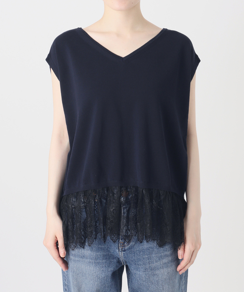 Spick & Span(スピックアンドスパン)の「《手洗い可》レースドッキング2WAYフレンチスリーブニットプルオーバー(ニット/セーター・レディース・ホワイト/ネイビー・FREE)」の3枚目の写真