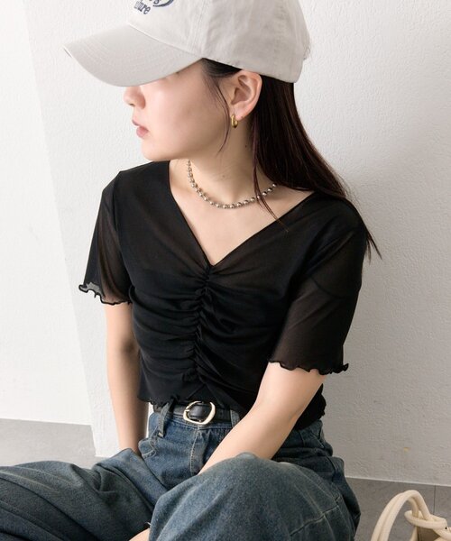 mystic(ミスティック)の「シャーリングチュールT(Tシャツ/カットソー・レディース・ブルー/ブラック/オフホワイト・FREE)」の2枚目の写真