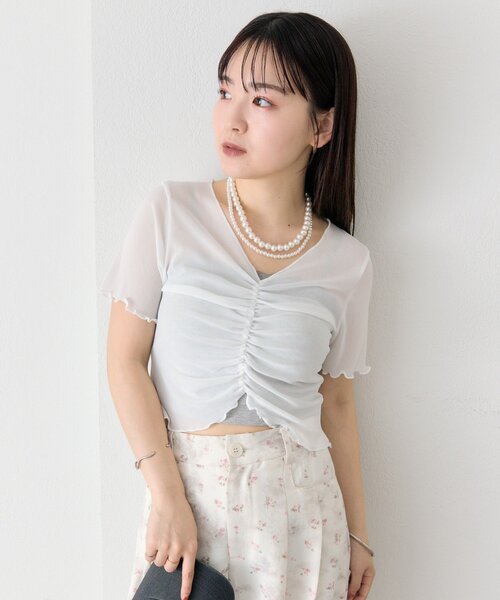 mystic(ミスティック)の「シャーリングチュールT(Tシャツ/カットソー・レディース・ブルー/ブラック/オフホワイト・FREE)」の4枚目の写真