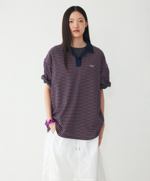 ストライプオーバーサイズカラー半袖Tシャツ_ネイビー_9176222997
