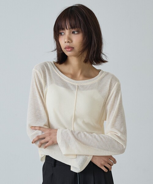 abahouse mavie(アバハウスマヴィ)の「【ヘルシーな透け感】シアーフライスロンT(Tシャツ/カットソー・レディース・モカ/アイボリー/サックスブルー/ブラック/オフホワイト・フリー)」の2枚目の写真