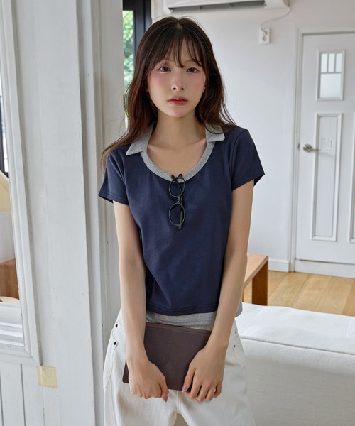 UNE MANSION(ユヌマンション)の「【UNE ORIGINAL】レイヤード風バイカラー襟デザインTシャツカットソー(Tシャツ/カットソー・レディース・ネイビー/グレー/ブラック・FREE)」の1枚目の写真