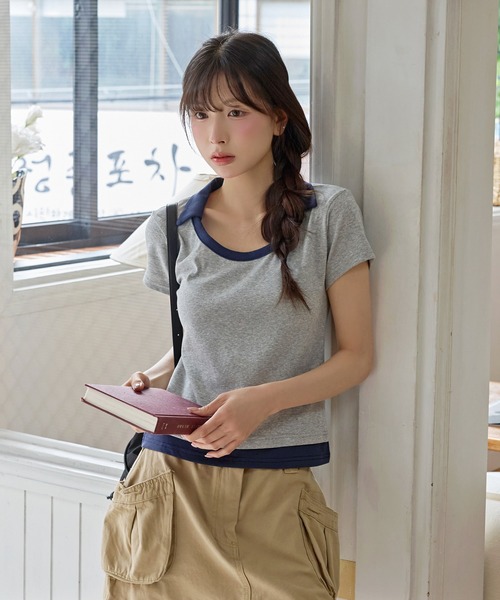 UNE MANSION(ユヌマンション)の「【UNE ORIGINAL】レイヤード風バイカラー襟デザインTシャツカットソー(Tシャツ/カットソー・レディース・ネイビー/グレー/ブラック・FREE)」の16枚目の写真