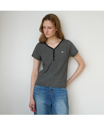Stripe Henley Neck T-shirt [Black]