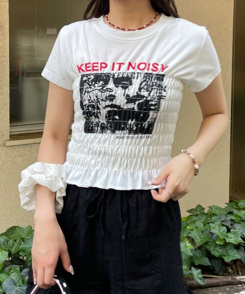 CIAOPANIC(チャオパニック)の「シャーリングプリントTシャツ(Tシャツ/カットソー・レディース・ブラック/ホワイト/チャコールグレー・ONE SIZE)」の5枚目の写真