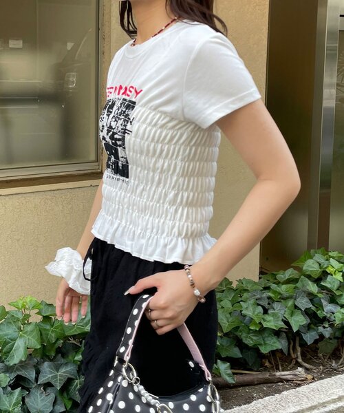 CIAOPANIC(チャオパニック)の「シャーリングプリントTシャツ(Tシャツ/カットソー・レディース・ブラック/ホワイト/チャコールグレー・ONE SIZE)」の6枚目の写真