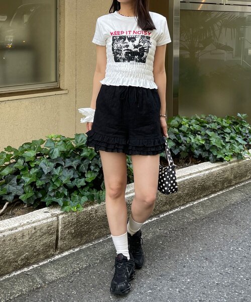 CIAOPANIC(チャオパニック)の「シャーリングプリントTシャツ(Tシャツ/カットソー・レディース・ブラック/ホワイト/チャコールグレー・ONE SIZE)」の8枚目の写真
