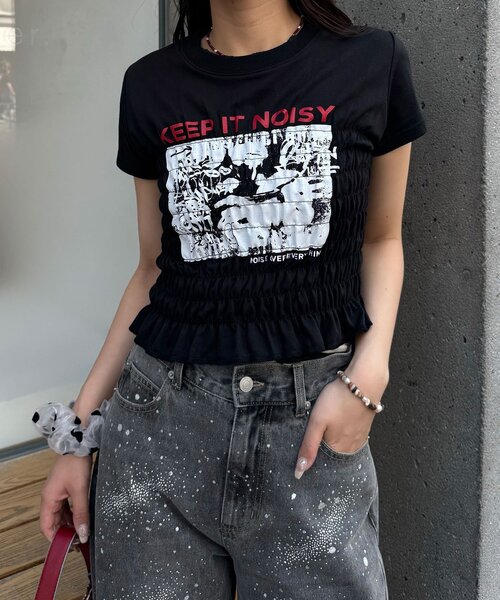 CIAOPANIC(チャオパニック)の「シャーリングプリントTシャツ(Tシャツ/カットソー・レディース・ブラック/ホワイト/チャコールグレー・ONE SIZE)」の16枚目の写真