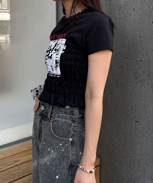 CIAOPANIC(チャオパニック)の「シャーリングプリントTシャツ(Tシャツ/カットソー・レディース・ブラック/ホワイト/チャコールグレー・ONE SIZE)」の17枚目の写真