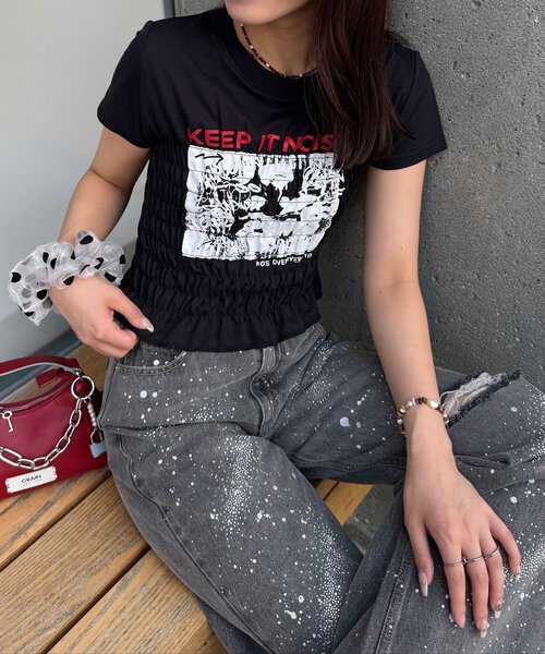 CIAOPANIC(チャオパニック)の「シャーリングプリントTシャツ(Tシャツ/カットソー・レディース・ブラック/ホワイト/チャコールグレー・ONE SIZE)」の19枚目の写真