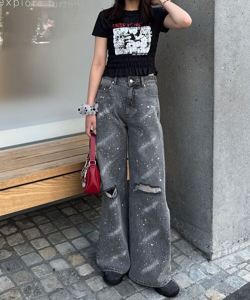CIAOPANIC(チャオパニック)の「シャーリングプリントTシャツ(Tシャツ/カットソー・レディース・ブラック/ホワイト/チャコールグレー・ONE SIZE)」の20枚目の写真