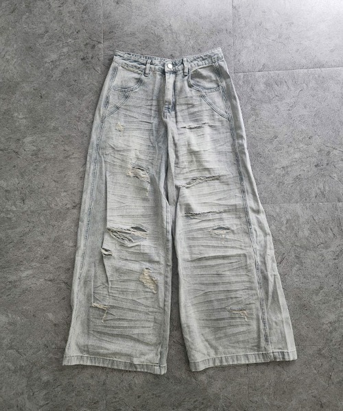 YACA(ヤーカ)の「Distressed Wide Jeans/ディストレストワイドジーンズ(デニムパンツ・レディース・ライトブルー・FREE)」の9枚目の写真