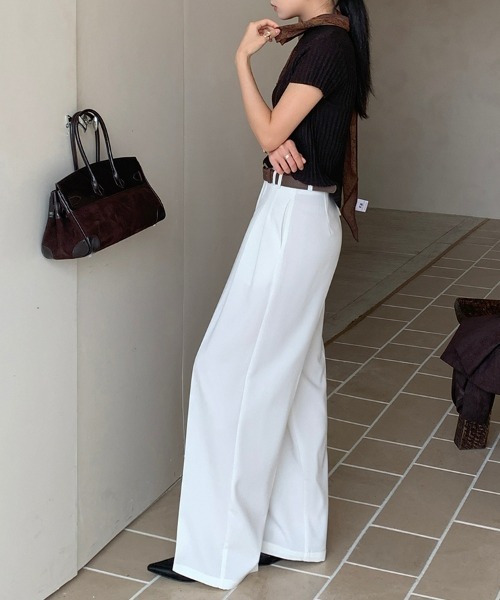 HANDO(ハンド)の「【S-Lサイズ展開】上品見え!ベルト付き ハイウエスト タックスラックス ワイドパンツ 【オフィスカジュアル】【きれいめカジュアル】 レディース韓国風(スラックス・レディース・チャコール/ブラック/ホワイト/ベージュ/モカ・S/M/L)」の10枚目の写真