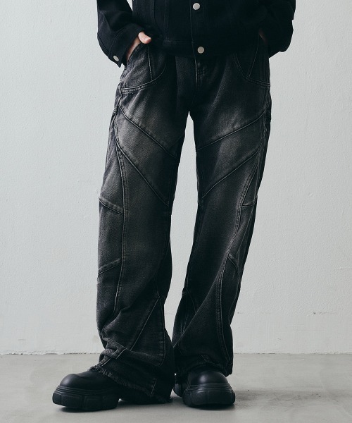 Shoowtime（ショウタイム）の「Vintage-Like Grunge Wide Straight Denim / ヴィンテージライク グランジワイドストレートデニム（デニムパンツ・メンズ・ブラック・X-LARGE/LARGE/MEDIUM）」の2枚目の写真