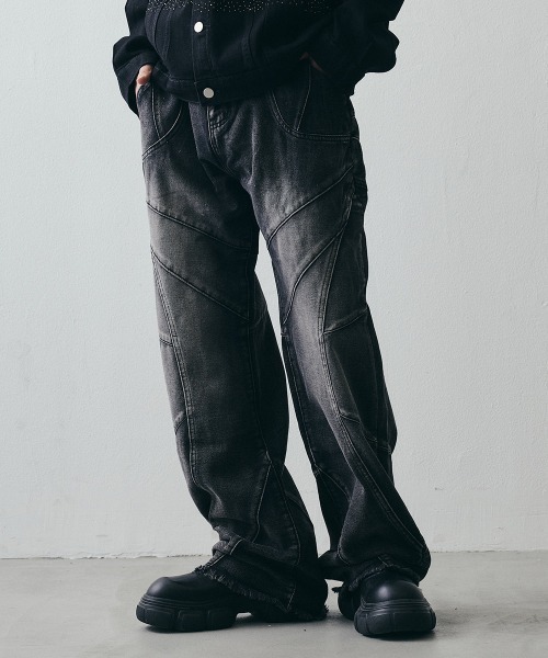 Shoowtime（ショウタイム）の「Vintage-Like Grunge Wide Straight Denim / ヴィンテージライク グランジワイドストレートデニム（デニムパンツ・メンズ・ブラック・X-LARGE/LARGE/MEDIUM）」の4枚目の写真