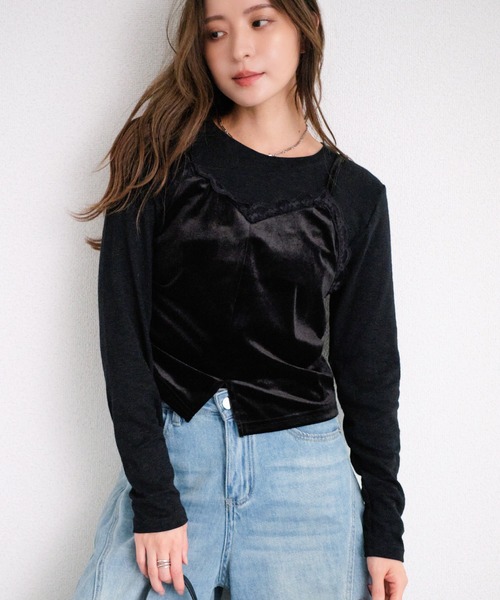 murea(ミュレア)の「レイヤード風ベロアキャミソール長袖カットソー(Tシャツ/カットソー・レディース・ブラック/グレー・FREE)」の2枚目の写真