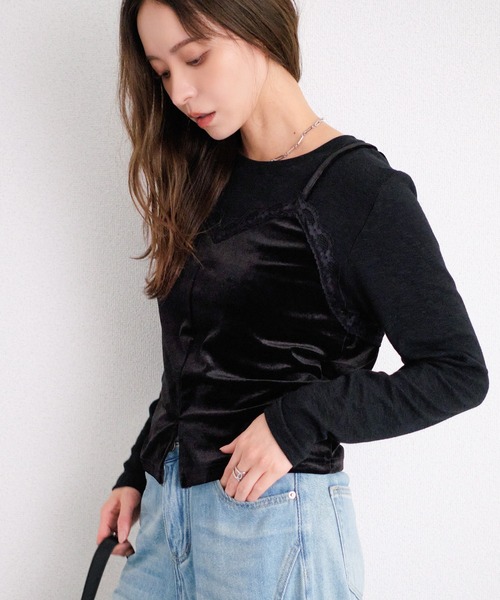 murea(ミュレア)の「レイヤード風ベロアキャミソール長袖カットソー(Tシャツ/カットソー・レディース・ブラック/グレー・FREE)」の12枚目の写真