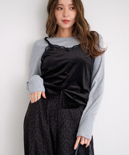 murea(ミュレア)の「レイヤード風ベロアキャミソール長袖カットソー(Tシャツ/カットソー・レディース・ブラック/グレー・FREE)」の3枚目の写真