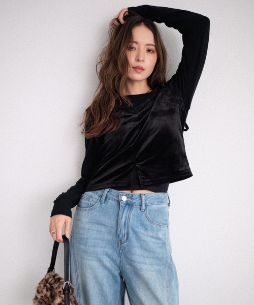 murea(ミュレア)の「レイヤード風ベロアキャミソール長袖カットソー(Tシャツ/カットソー・レディース・ブラック/グレー・FREE)」の19枚目の写真