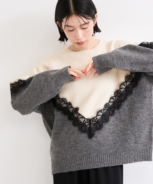 le cercle ADAM ET ROPE'（ルセルクルアダムエロペ）の「レースニット（ニット/セーター・レディース・チャコールグレー/オフホワイト・FREE）」の2枚目の写真