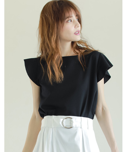 Re:EDIT（リエディ）の「ショルダーフリルリラックスポンチトップス（Tシャツ/カットソー・レディース・ブラック/アイボリー/カーキ/ホワイト×ブラック/ネイビー/ストライプ/ピンク/ホワイト系その他/杢グレー/ベビーピンク/ライトブルー・LARGE/X-LARGE/MEDIUM）」の4枚目の写真