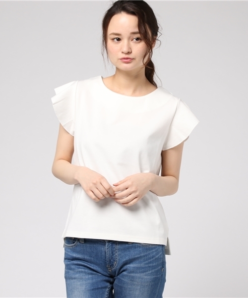 Re:EDIT（リエディ）の「ショルダーフリルリラックスポンチトップス（Tシャツ/カットソー・レディース・ブラック/アイボリー/カーキ/ホワイト×ブラック/ネイビー/ストライプ/ピンク/ホワイト系その他/杢グレー/ベビーピンク/ライトブルー・LARGE/X-LARGE/MEDIUM）」の12枚目の写真