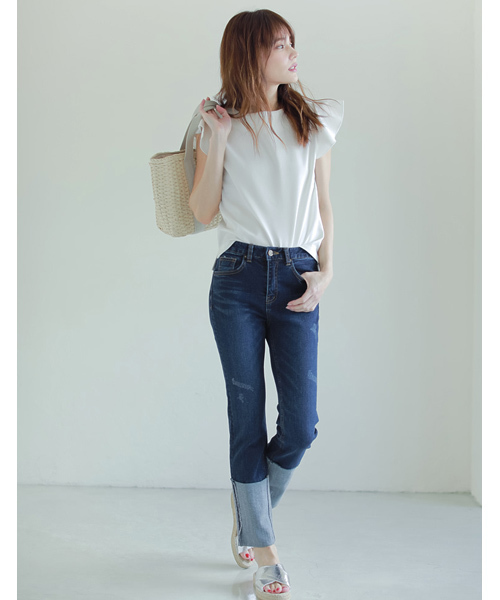 Re:EDIT（リエディ）の「ショルダーフリルリラックスポンチトップス（Tシャツ/カットソー・レディース・ブラック/アイボリー/カーキ/ホワイト×ブラック/ネイビー/ストライプ/ピンク/ホワイト系その他/杢グレー/ベビーピンク/ライトブルー・LARGE/X-LARGE/MEDIUM）」の13枚目の写真